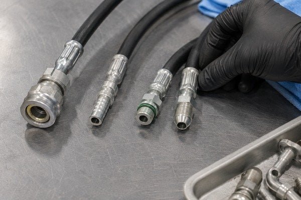 automotive ac fitting installed on refrigerant hose showing connection point
